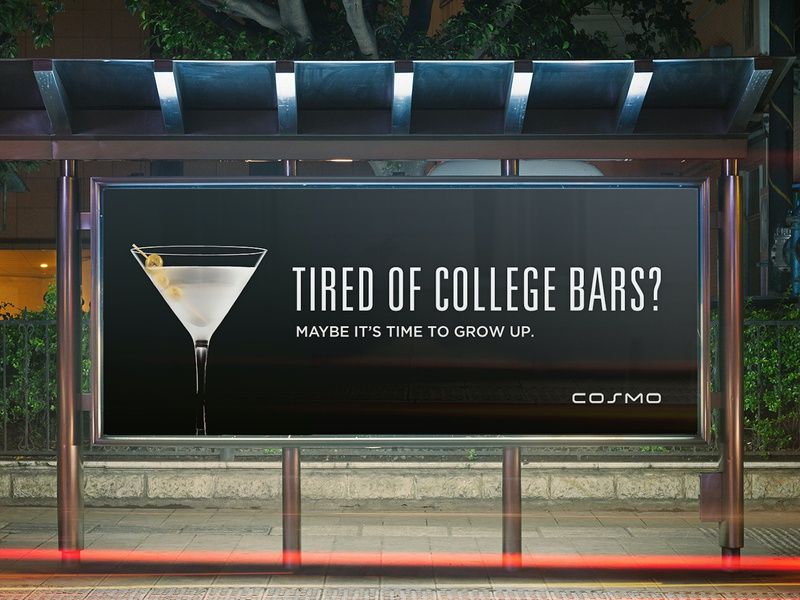 Banner: Witty anti-college-bar positioning with cocktail