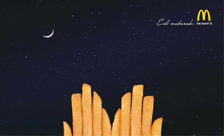 Eid creative ad: French fries standing like a city skyline under a crescent moon