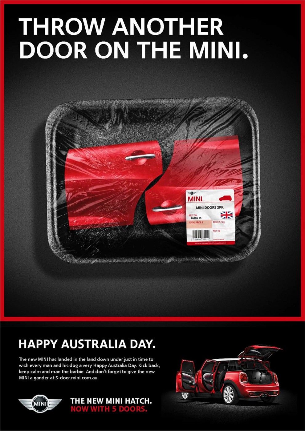 Two red car doors packaged like supermarket barbecue meat on a black tray