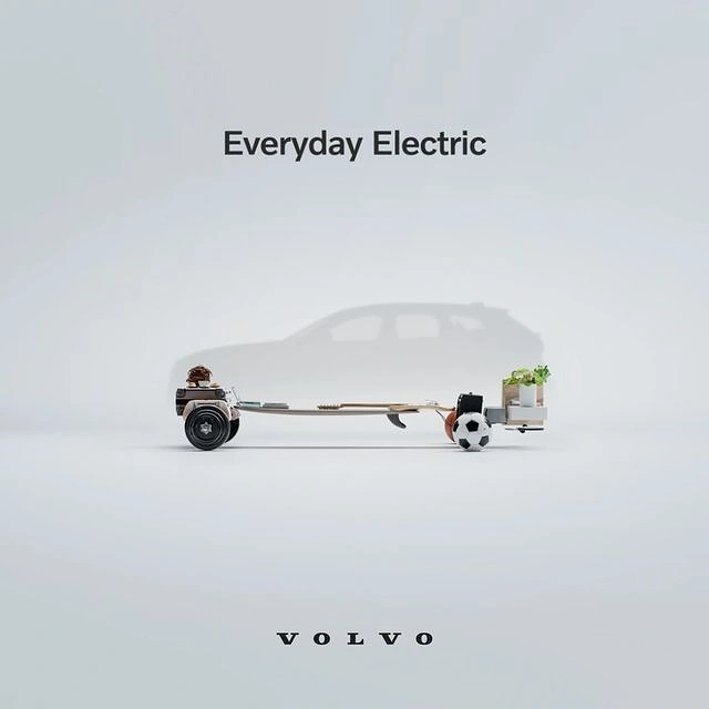 Electric Vehicles creative ad: Faint SUV silhouette over a flat chassis built from everyday objects