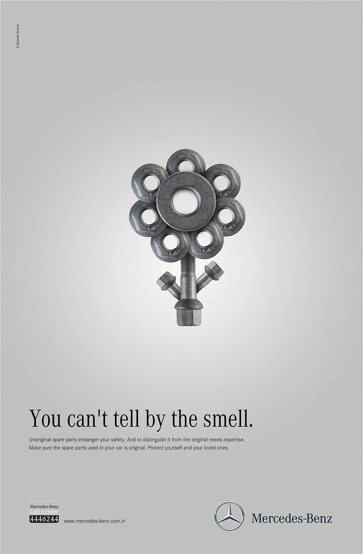 Auto Repair & Garages creative ad: Gear parts as flower, genuine parts pun