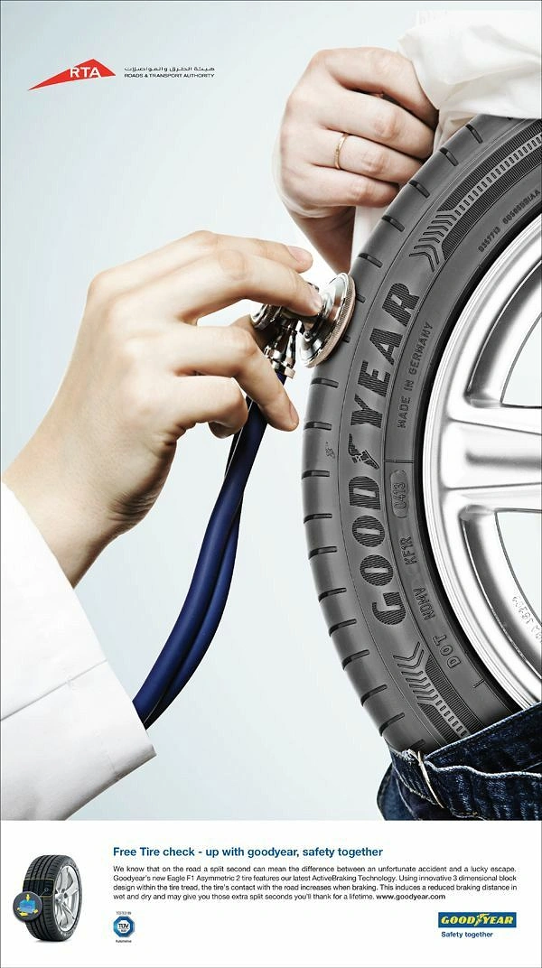 Auto Repair & Garages creative ad: Stethoscope checking tyre health