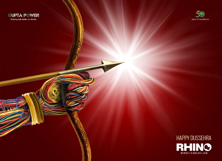Dussehra creative ad: An arrow striking a brilliant burst of light from a wire-wrapped bow