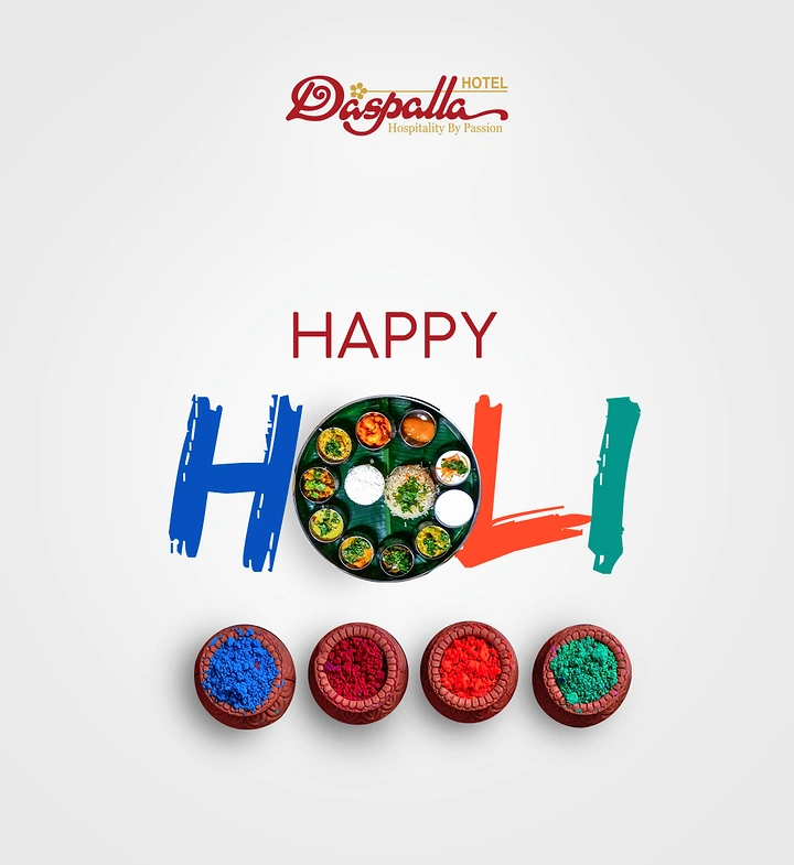 Holi creative ad: Thali plate forming the O in HOLI above four clay pots of coloured powder