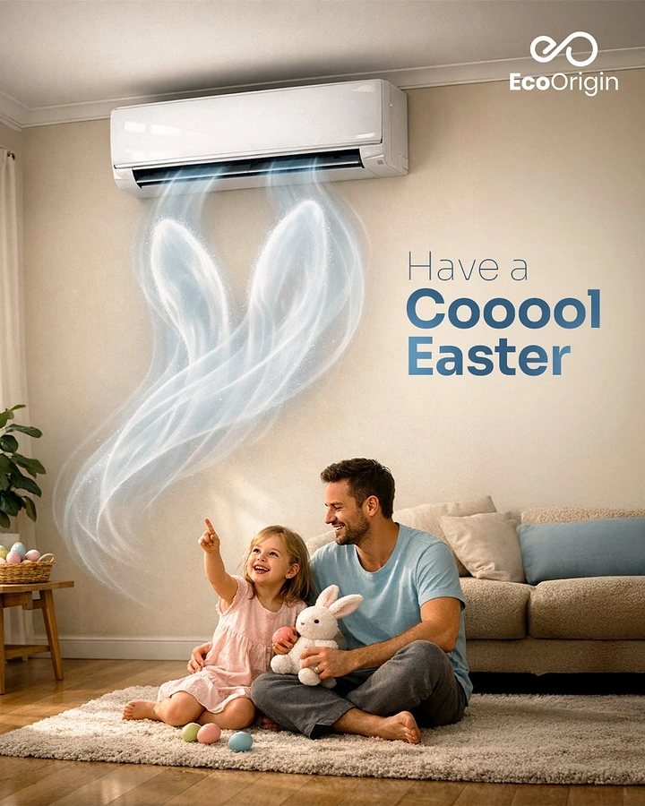 Easter creative ad: AC airflow forming bunny ears above father and daughter
