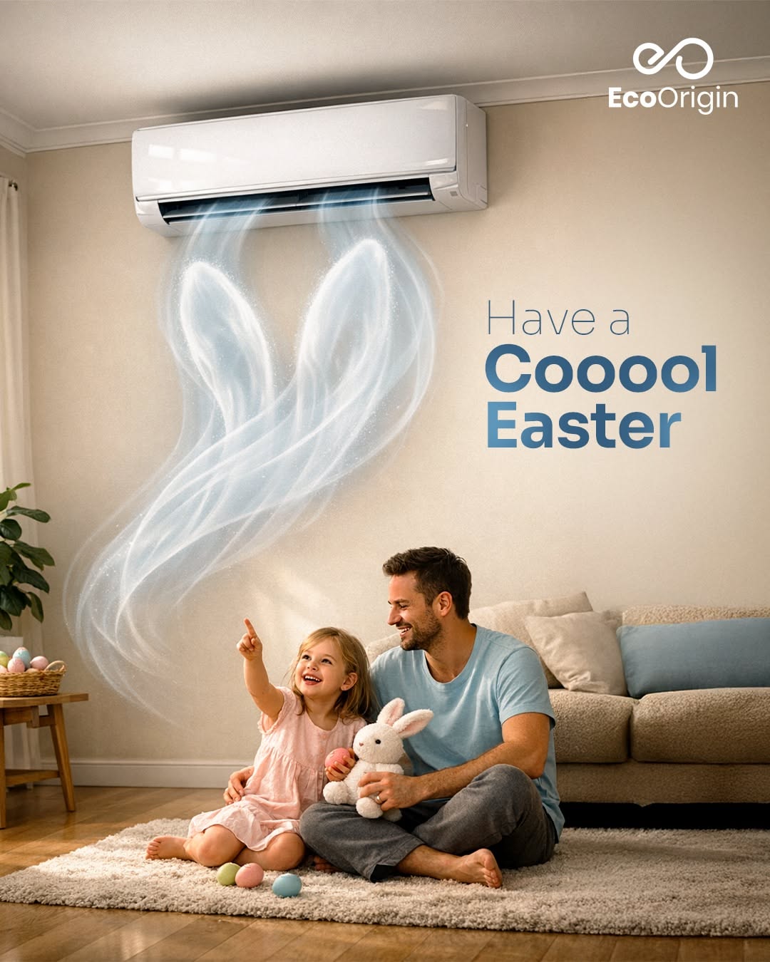 Easter Instagram post: AC airflow forming bunny ears above father and daughter
