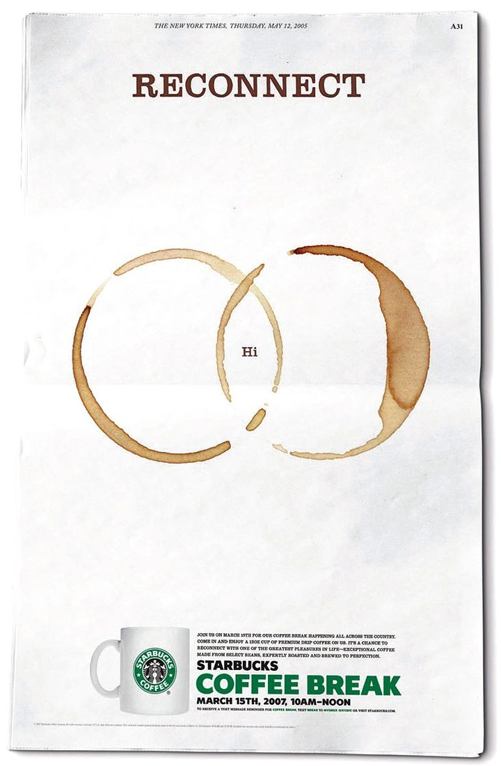 Restaurant & Cafe creative ad: Two overlapping coffee-ring stains like two people meeting