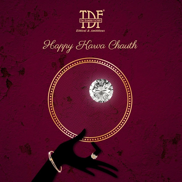 Karwa Chauth creative ad: Silhouetted hand holding a gold-rimmed sieve with a diamond as the moon