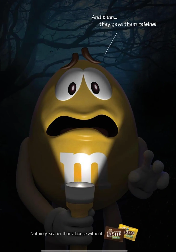 Halloween creative ad: Frightened yellow candy mascot holding a flashlight under its face