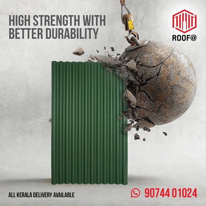 Roofing creative ad: Wrecking ball shatters on roofing sheet