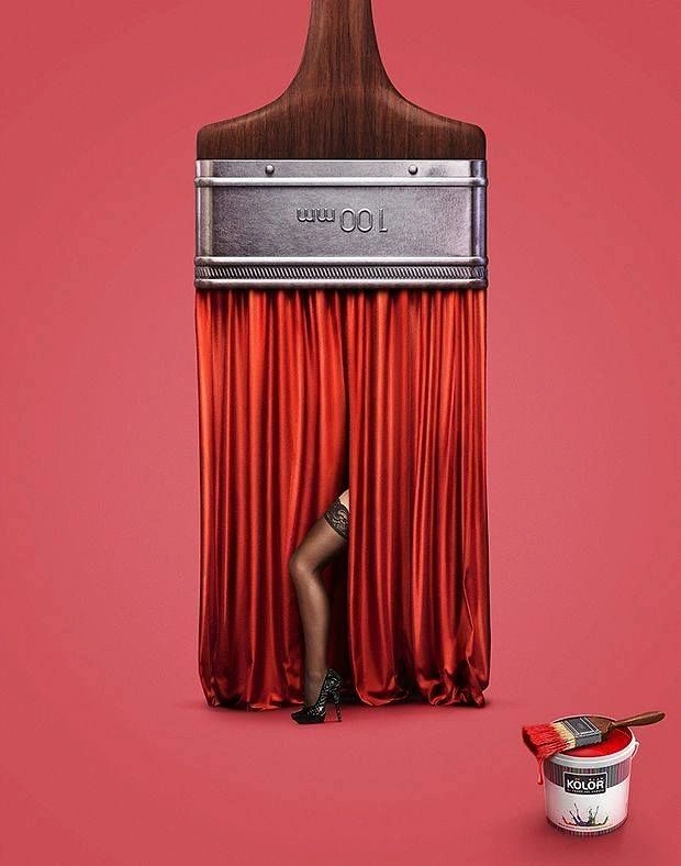 Paint Brands & Paint Shops creative ad: Paintbrush with red curtain bristles and a leg peeking out