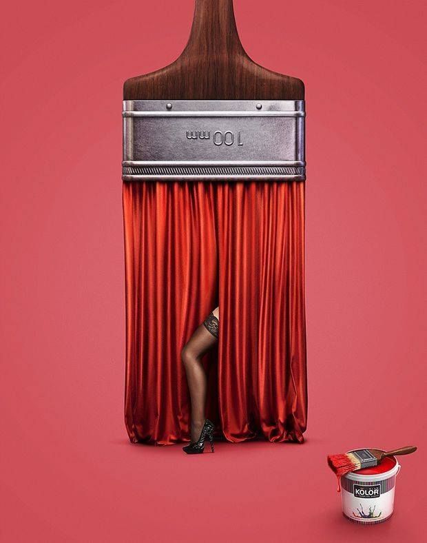 Poster: Paintbrush with red curtain bristles and a leg peeking out