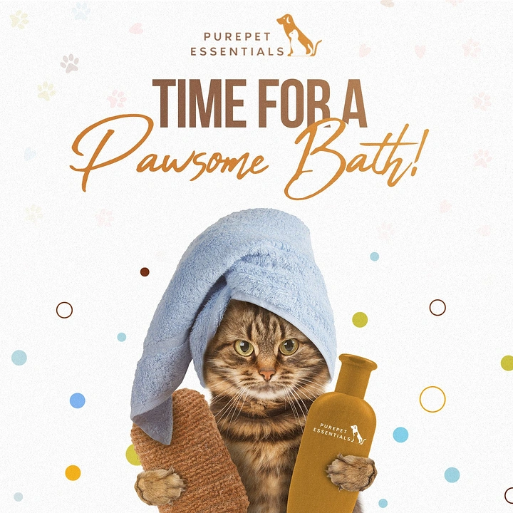 Pet Grooming creative ad: Towel-wrapped cat holding shampoo, pawsome pun