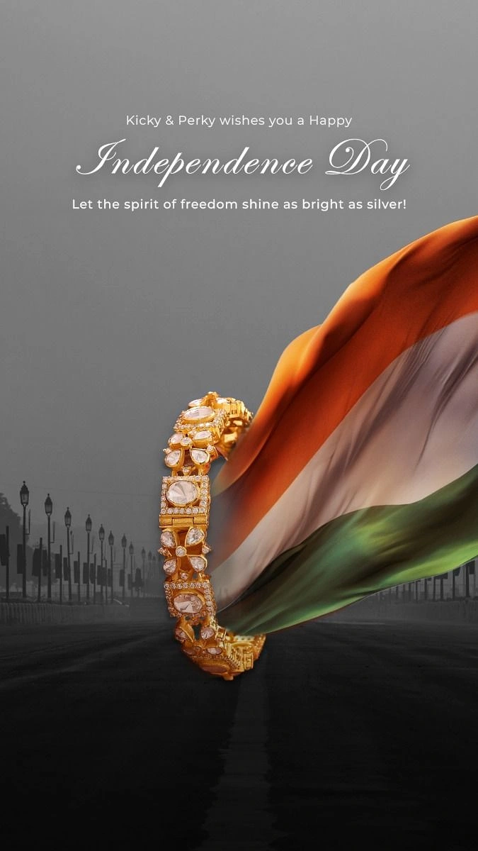 Independence Day creative ad: Gold kundan bangle with a waving tricolour flag