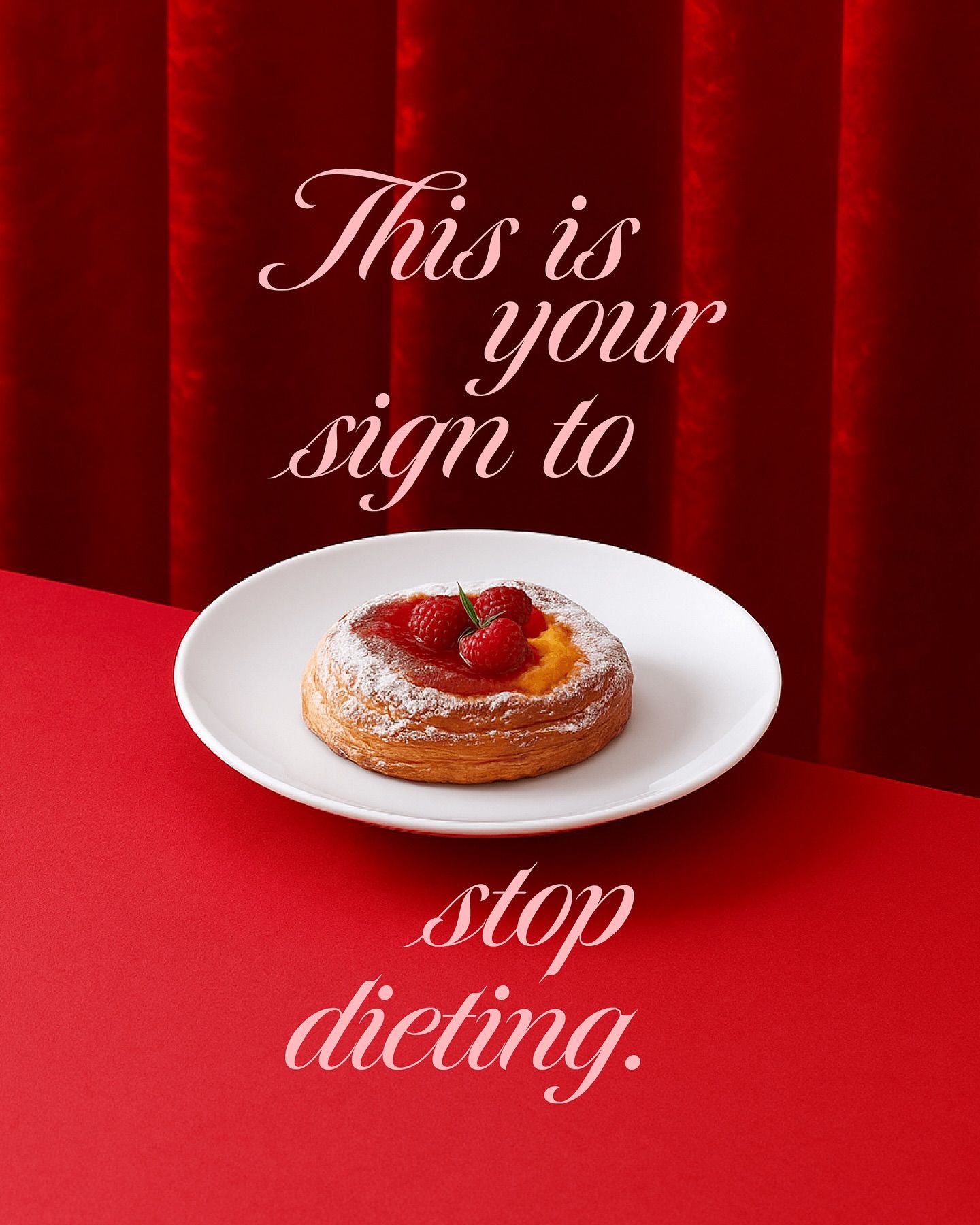 Instagram post: Raspberry custard danish on a white plate before a red velvet curtain