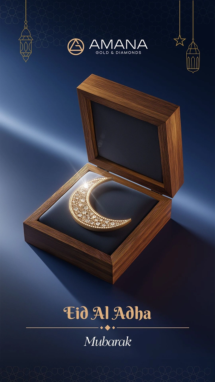 Eid creative ad: Diamond-studded gold crescent in an open wooden jewellery box