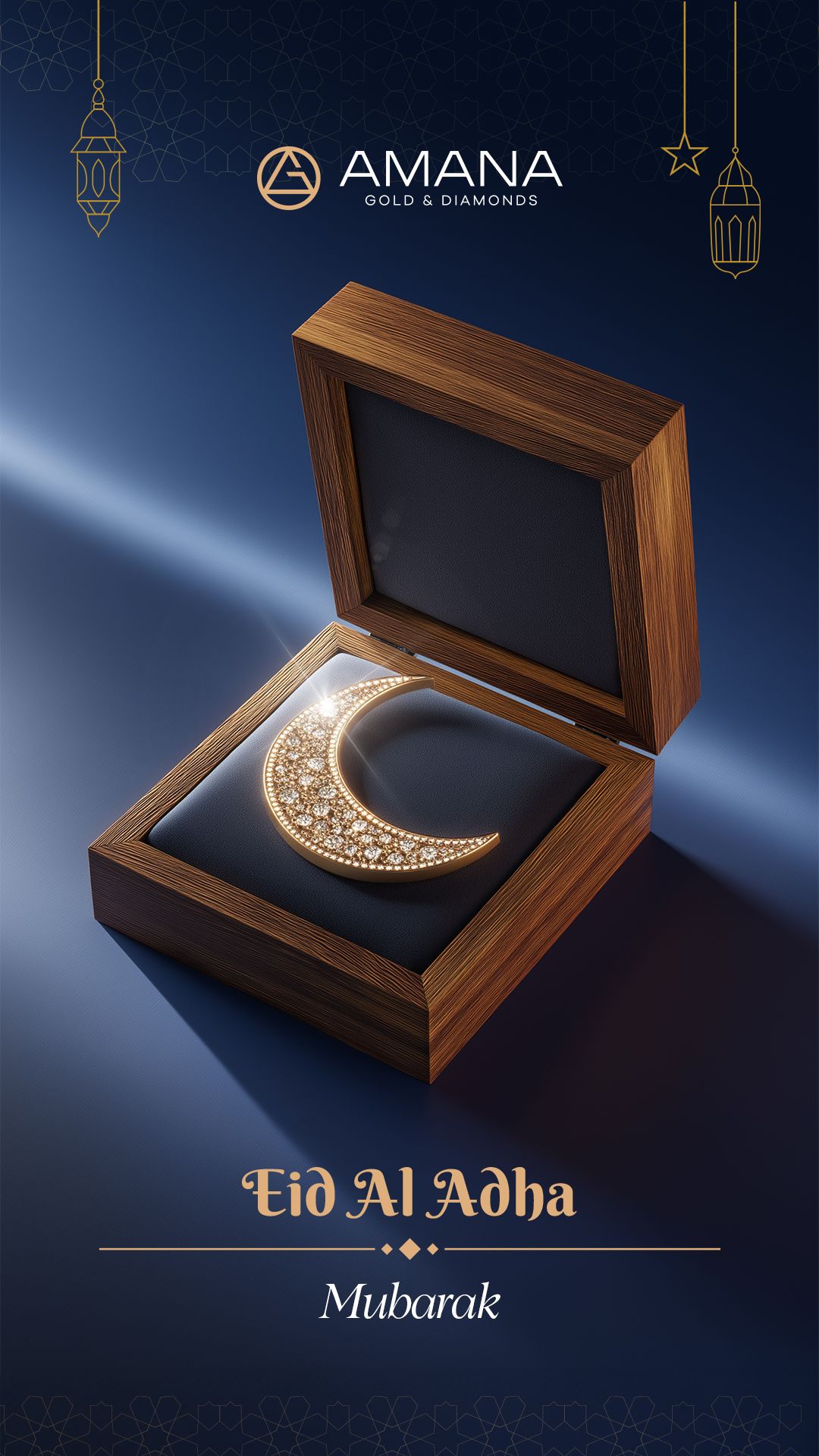 Eid Story: Diamond-studded gold crescent in an open wooden jewellery box
