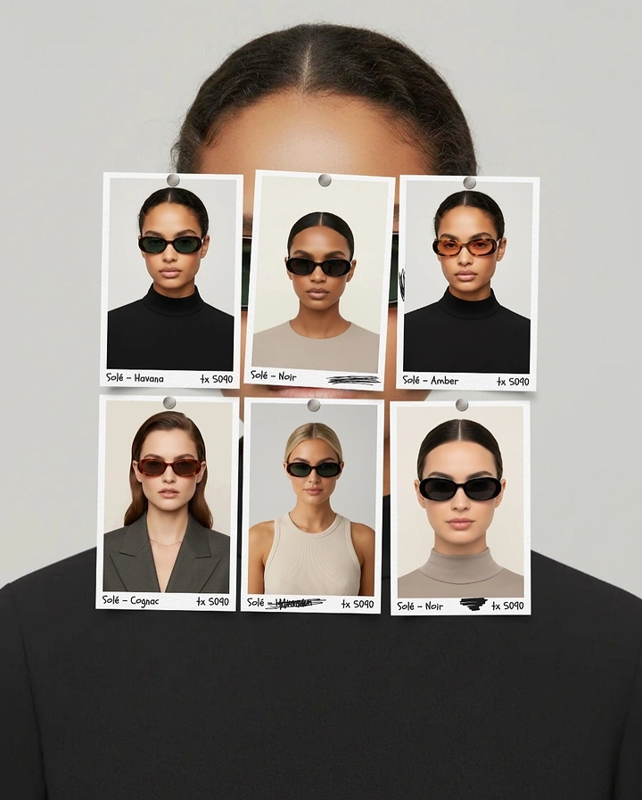 Opticians & Eye Care creative ad: Pinned model polaroids mask face, moodboard idea
