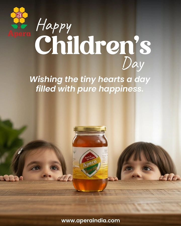 Children's Day creative ad: Two children peeking over a table at a honey jar