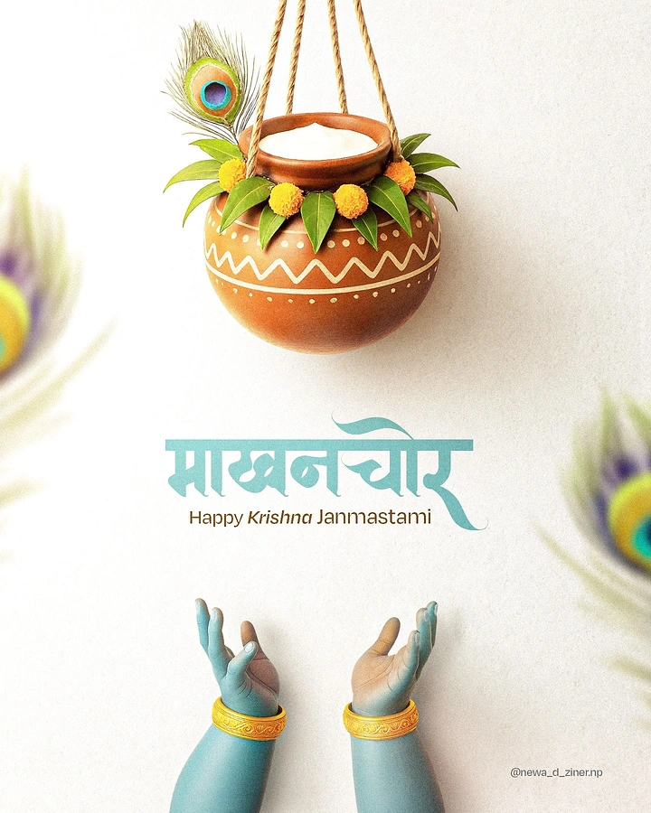 Janmashtami creative ad: Hanging butter pot above the reaching blue hands of a child