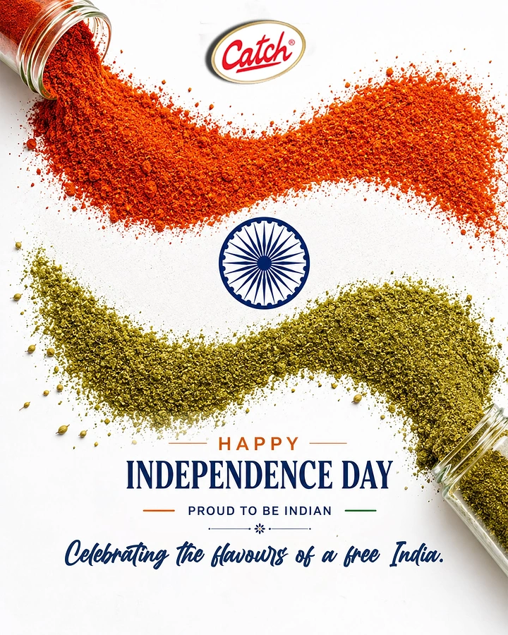 Independence Day creative ad: Red chilli and green herb powder spilled in wavy flag bands