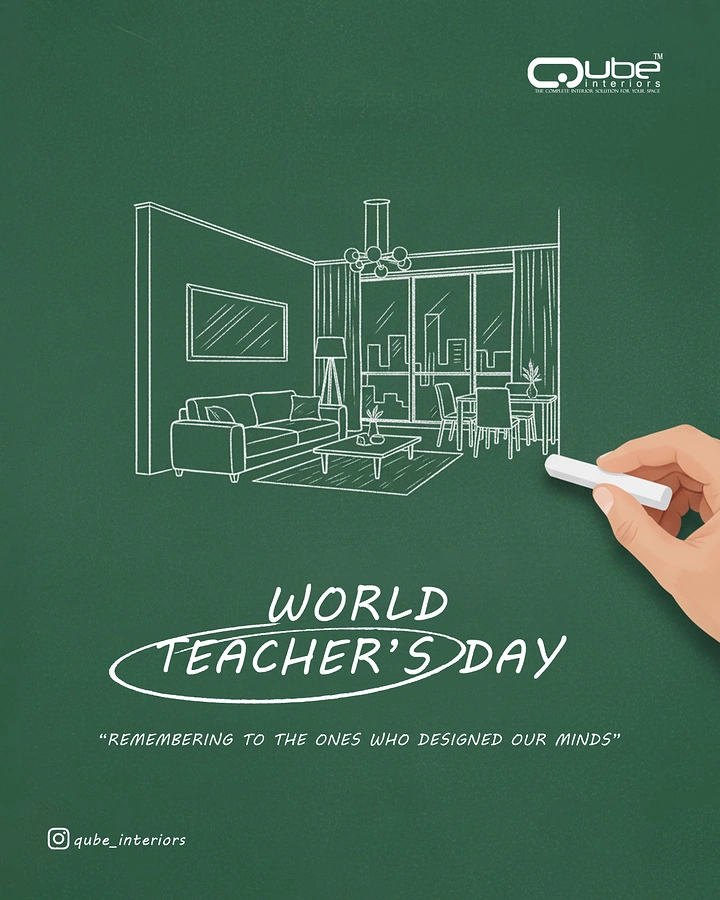 Teachers Day creative ad: Chalk sketch of a living room drawn on a green chalkboard by a hand