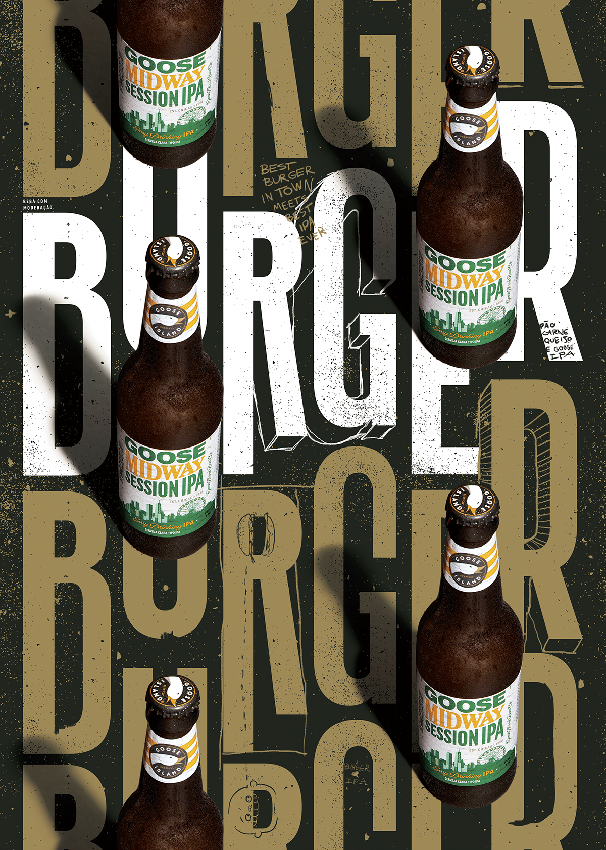 Poster: Top-down amber IPA bottles scattered over giant repeated BURGER type