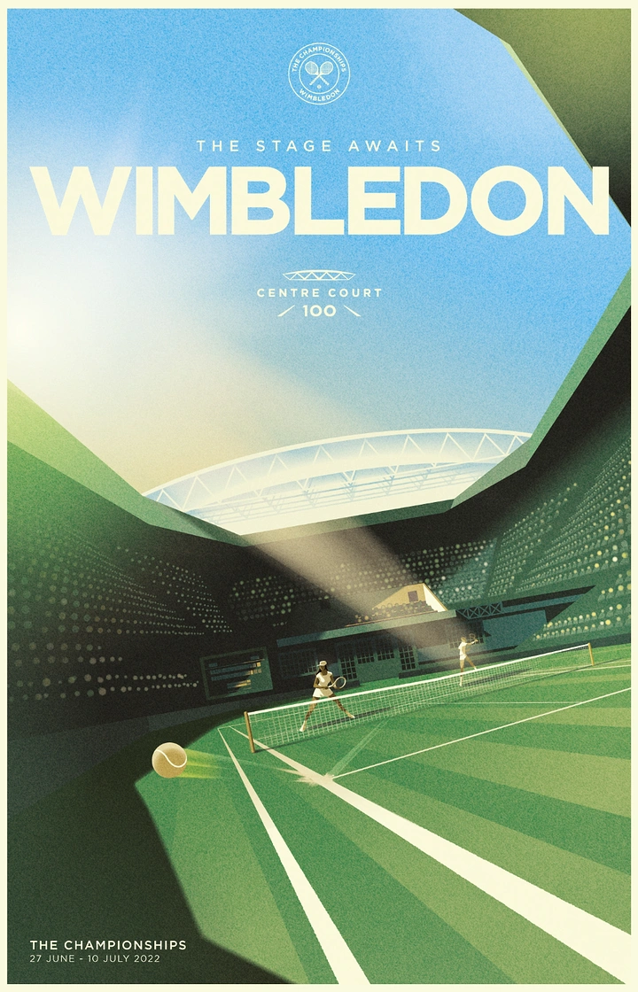Events & Nightlife creative ad: Low-angle illustrated view of a grass tennis centre court
