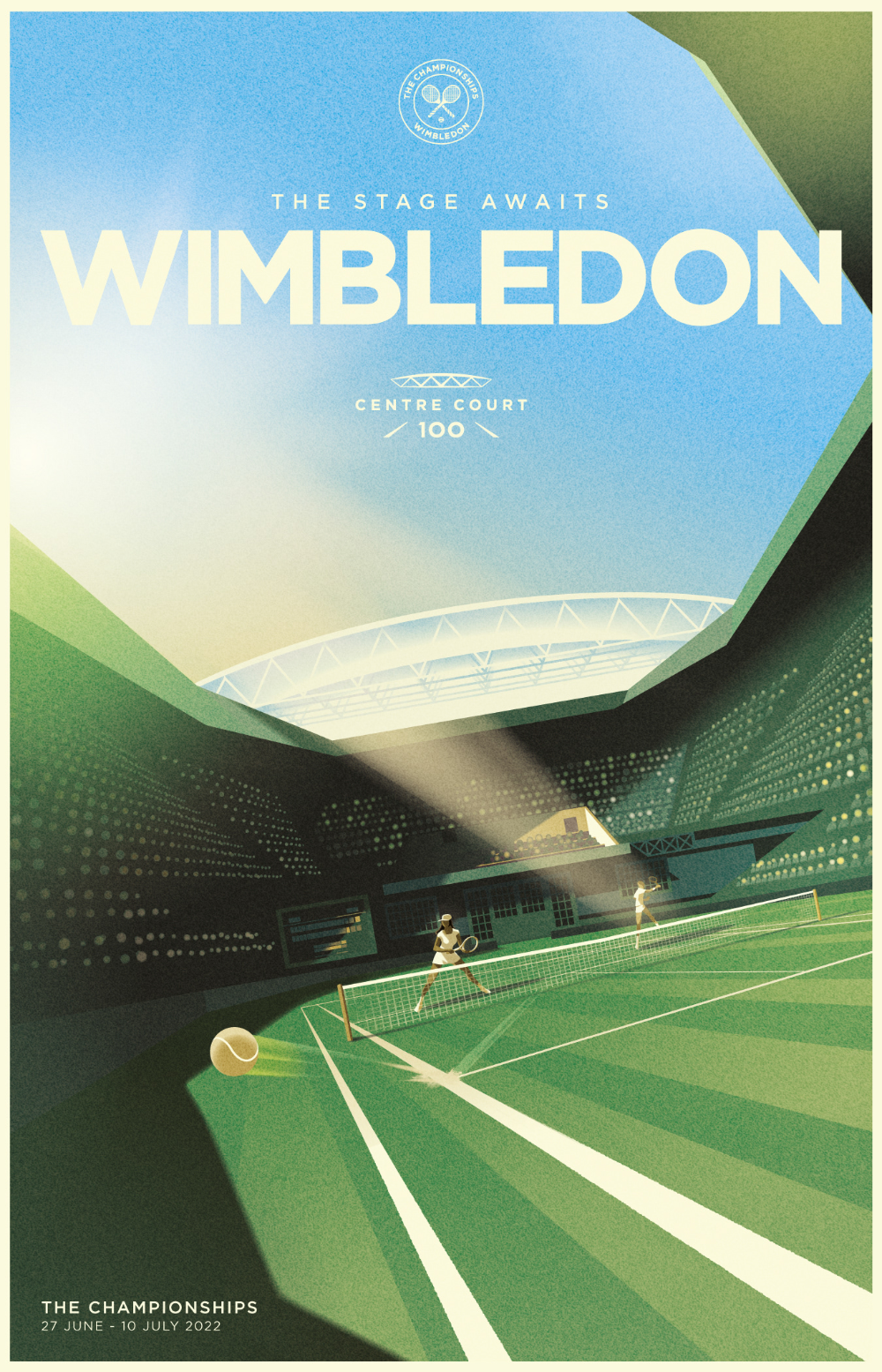 Poster: Low-angle illustrated view of a grass tennis centre court