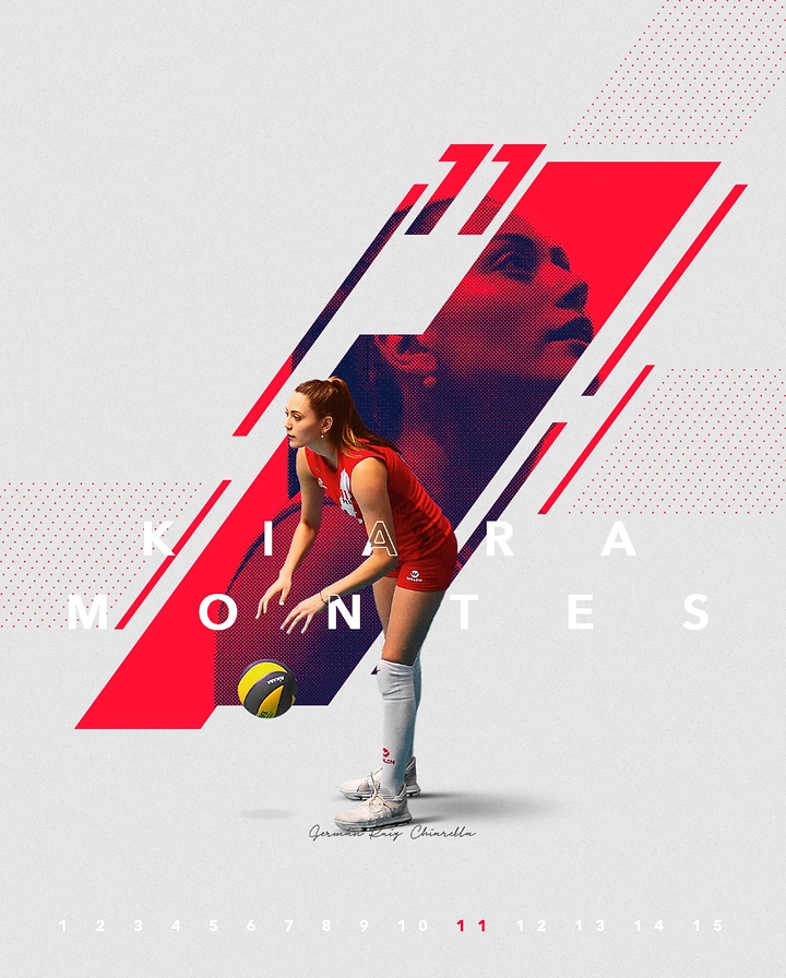 Creative ad: Volleyball player in ready stance over a diagonal duotone portrait