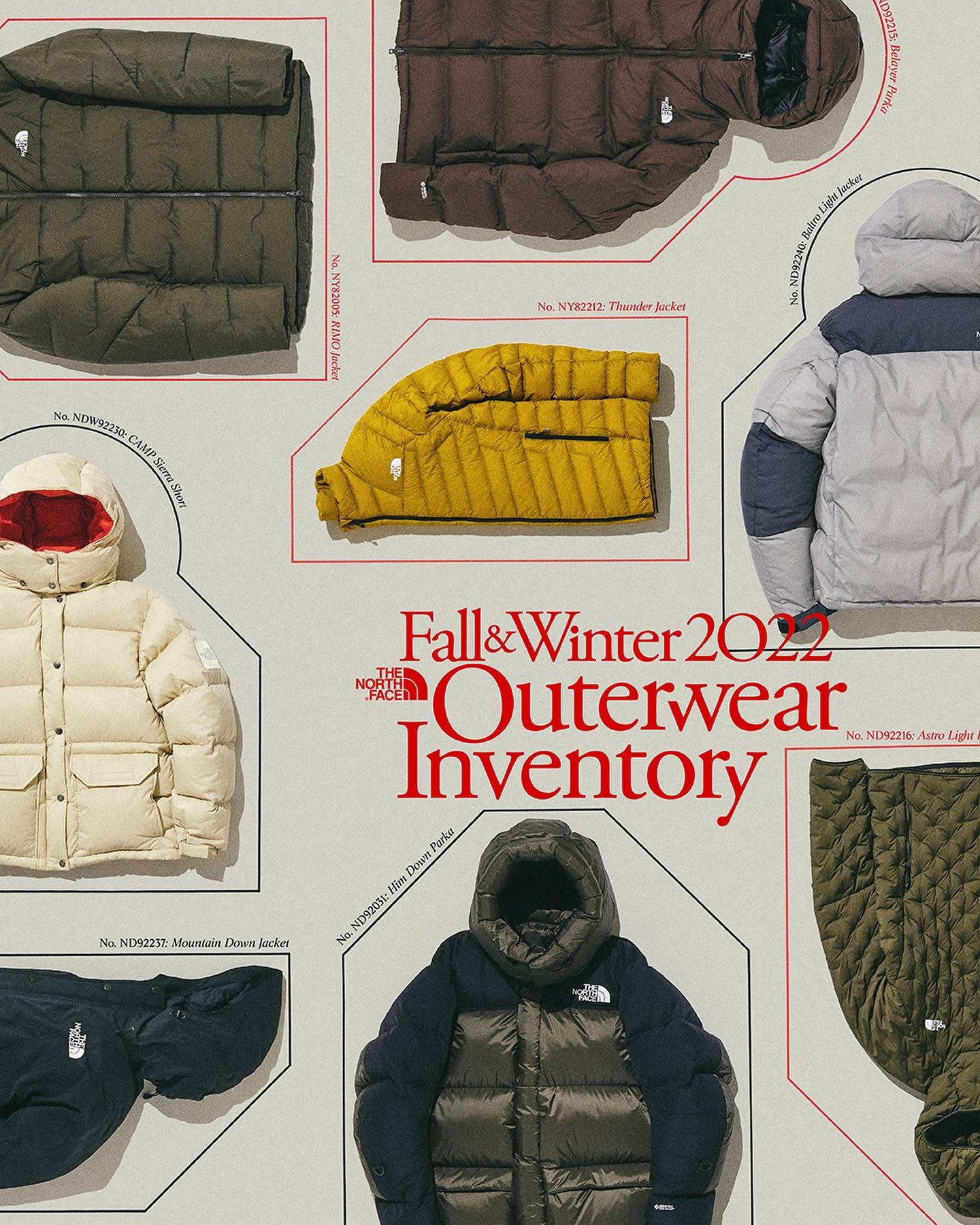 Instagram post: Flat-lay grid of puffer and down jackets