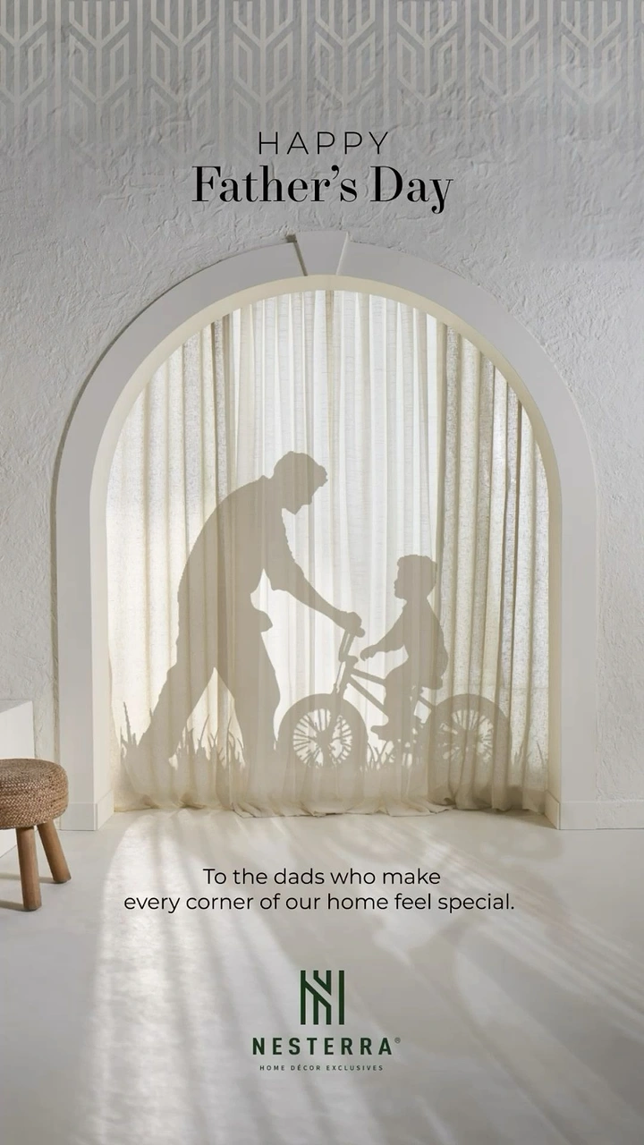 Father's Day creative ad: Silhouette of father teaching child to ride a bike, cast on a sheer curtain