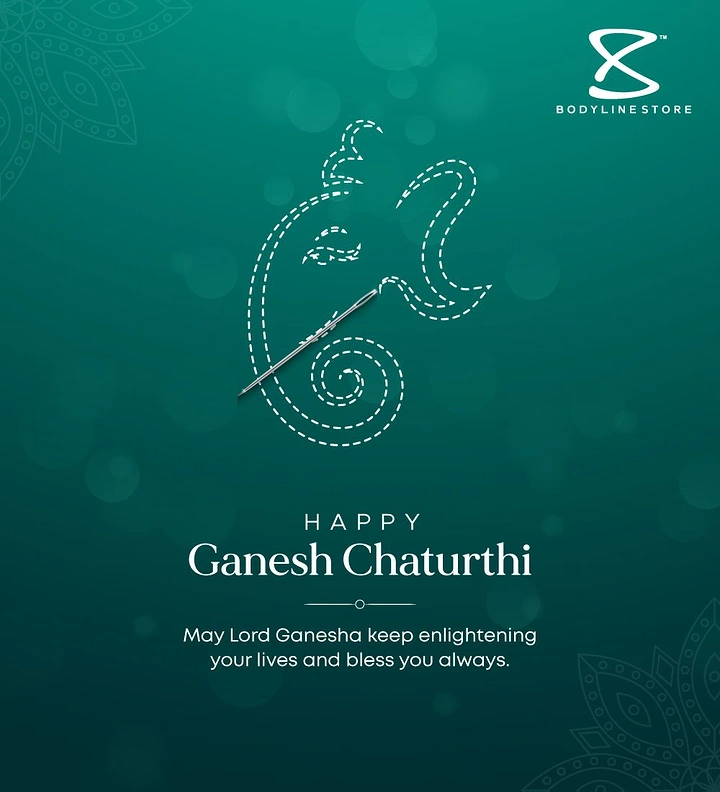 Ganesh Chaturthi creative ad: Abstract Ganesha drawn as dashed stitch lines with a needle