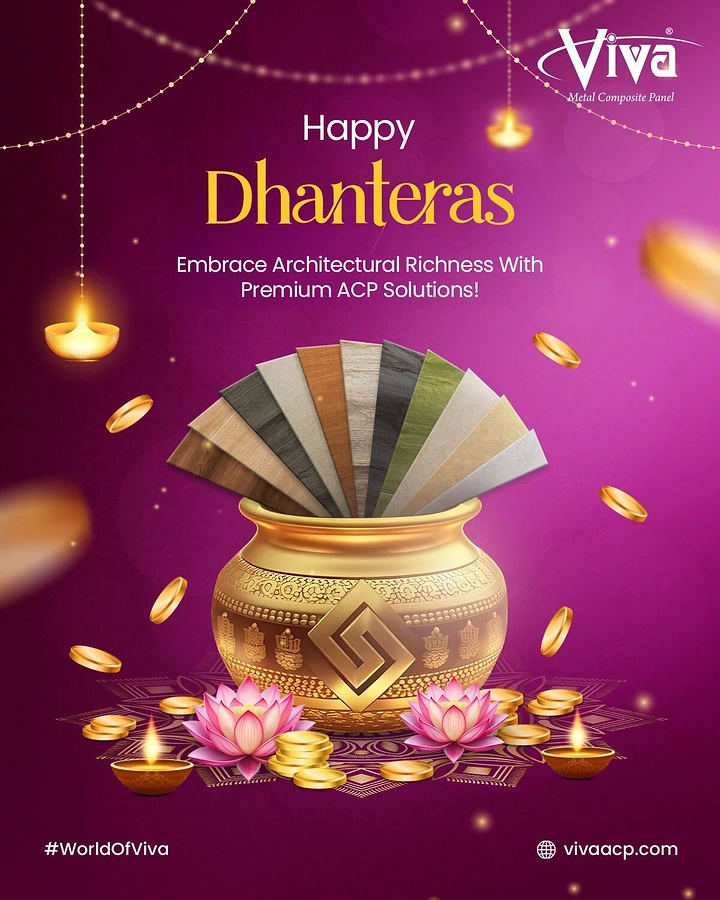Dhanteras creative ad: Gold kalash overflowing with a fan of panel swatches