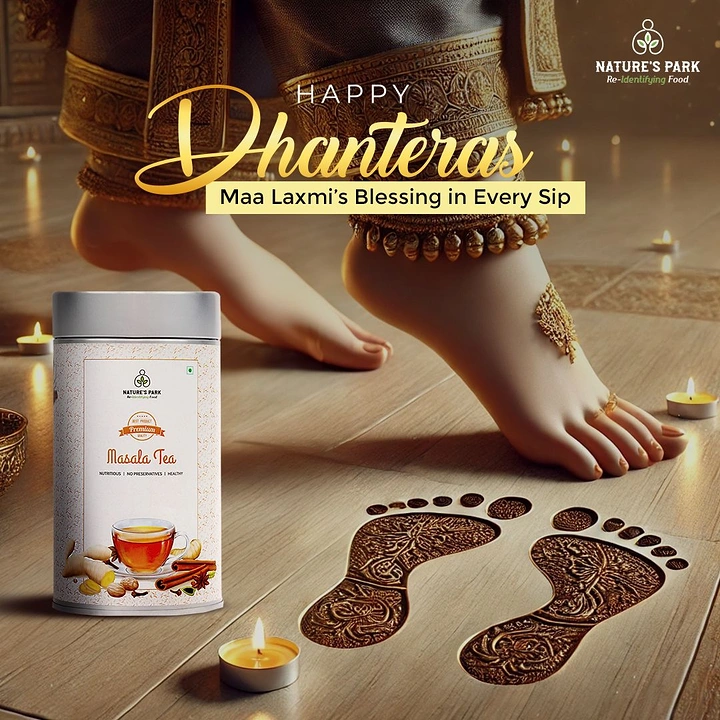 Dhanteras creative ad: Goddess's adorned feet stepping beside carved footprints, with a masala tea tin