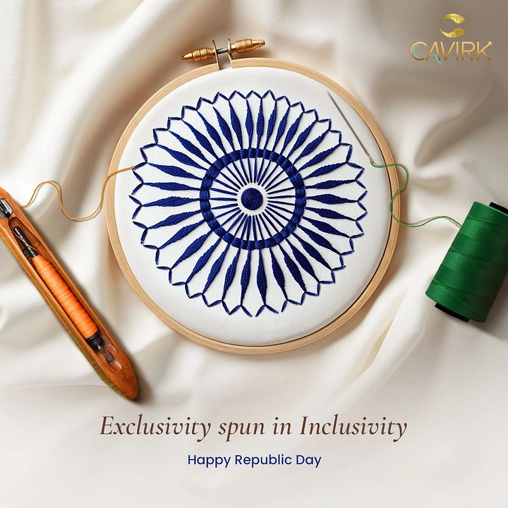 Republic Day creative ad: Ashoka Chakra embroidered in navy thread on a wooden hoop