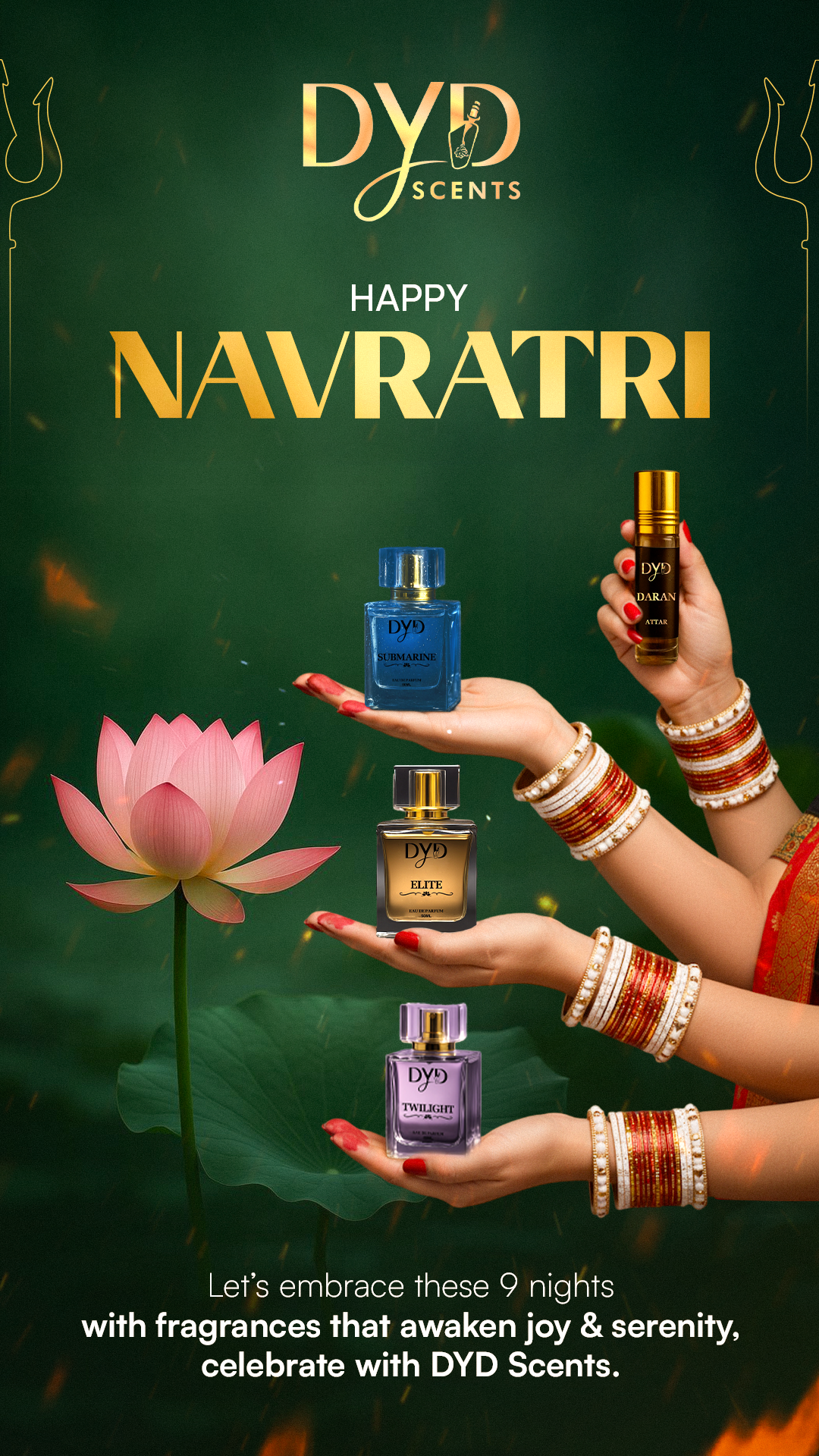 Multiple goddess-like hands holding perfume bottles beside a lotus