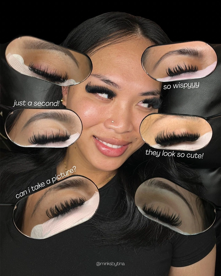 Lash & Brow Studios creative ad: Smiling client surrounded by close-up lash reflections