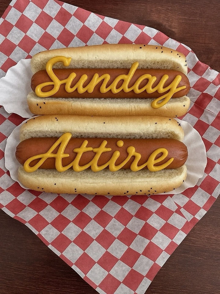 BBQ & Grill Restaurants creative ad: Hotdogs turn Sunday attire into pun