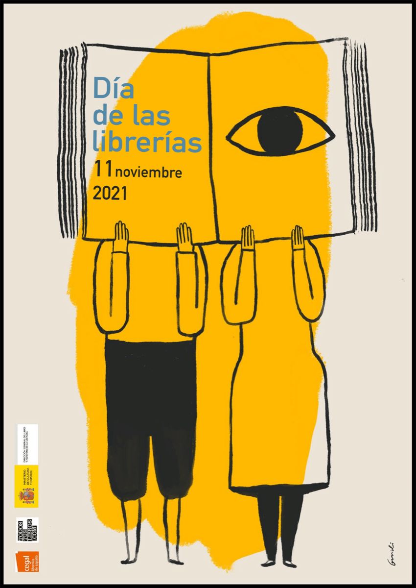 Two figures holding up a giant open book with an eye