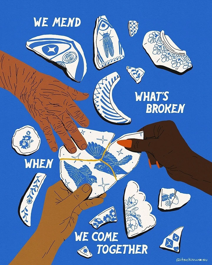 Nonprofit & Social Cause creative ad: Three hands of different skin tones joining a kintsugi-mended porcelain plate