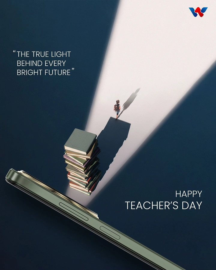 Teachers Day creative ad: Child walking up a light beam from a book stack placed on a smartphone's edge