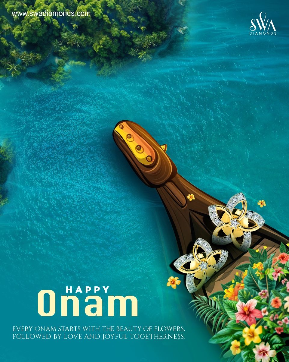 Diamond flower earrings on a Kerala snake boat over turquoise backwaters