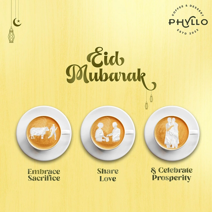 Eid creative ad: Three top-down cappuccinos with latte art showing Eid scenes