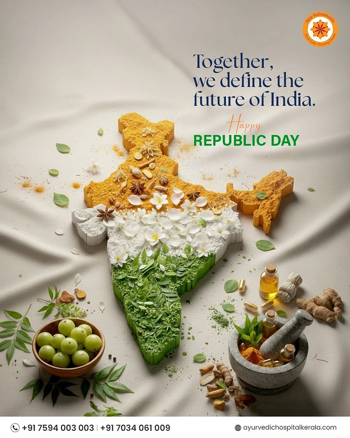 Republic Day creative ad: 3D India map filled with turmeric, white flowers and green herbs in tricolour bands