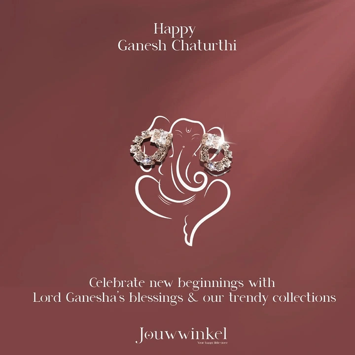Ganesh Chaturthi creative ad: White line-art Ganesha with crystal earrings placed as ears