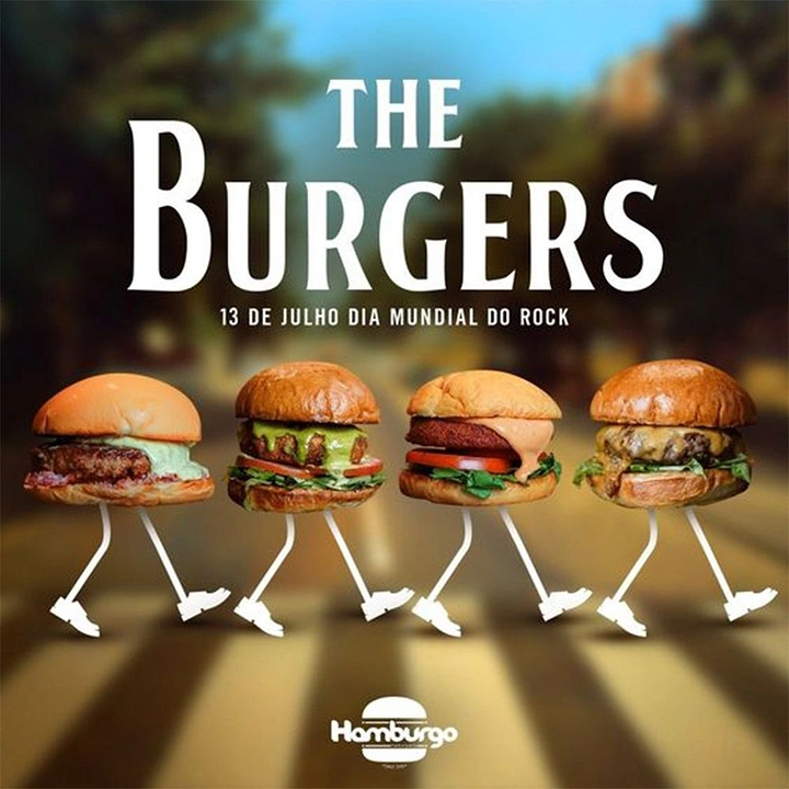 other-festival creative ad: Four burgers with drawn legs walking across a zebra crossing