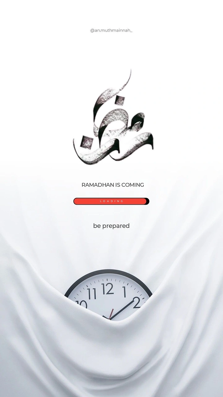 Ramadan creative ad: Clock peeking out of draped white cloth under Arabic 'Ramadan' calligraphy