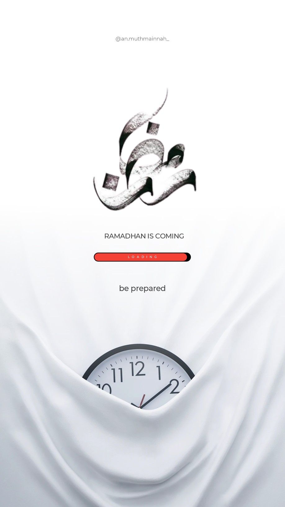 Clock peeking out of draped white cloth under Arabic 'Ramadan' calligraphy