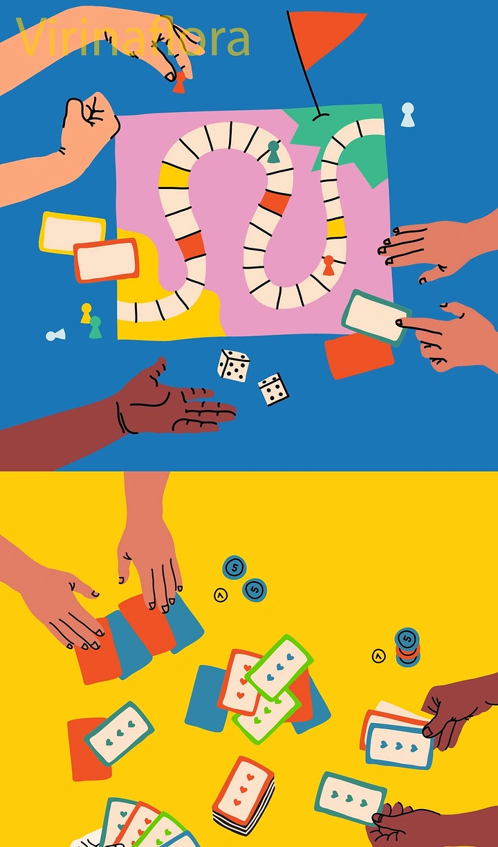 Board Games & Game Cafes creative ad: Playful hands-and-path board-game composition
